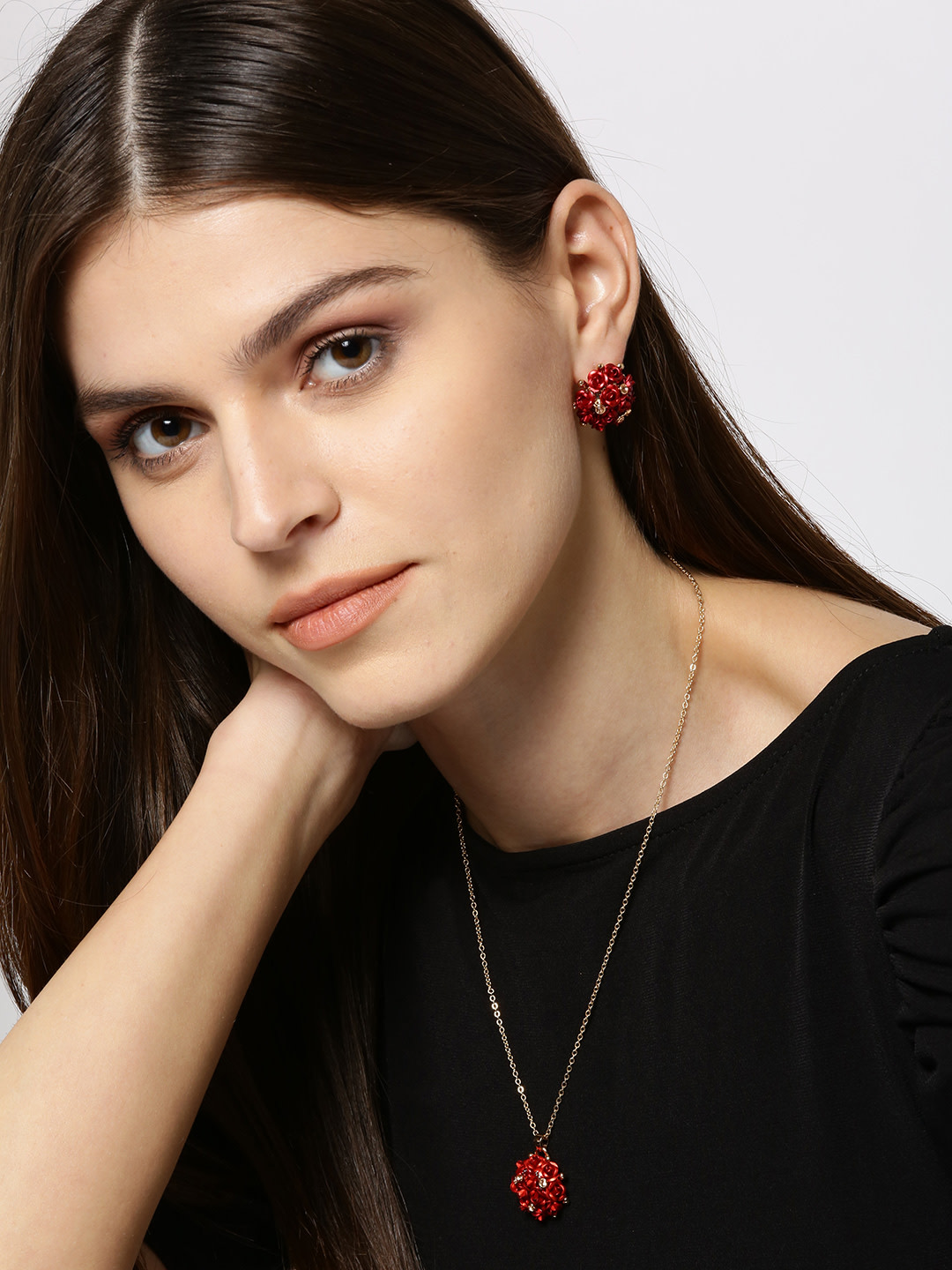 YouBella Red Gold-Plated Stone-Studded Floral Jewellery Set
